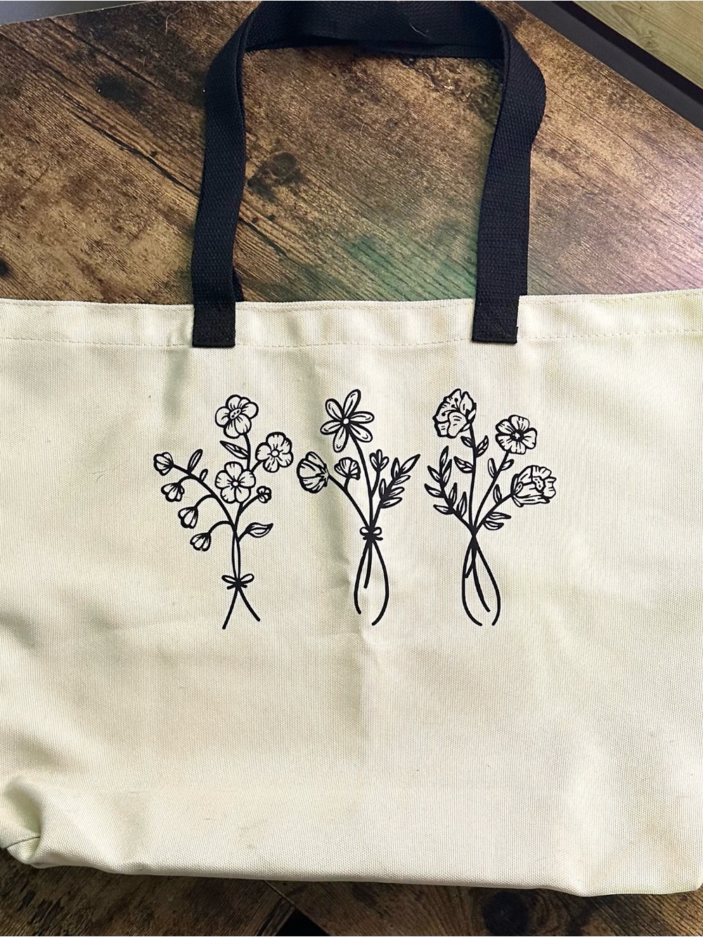 Source Unknown Cream Canvas Tote with Black Floral Line Art and Black Handles